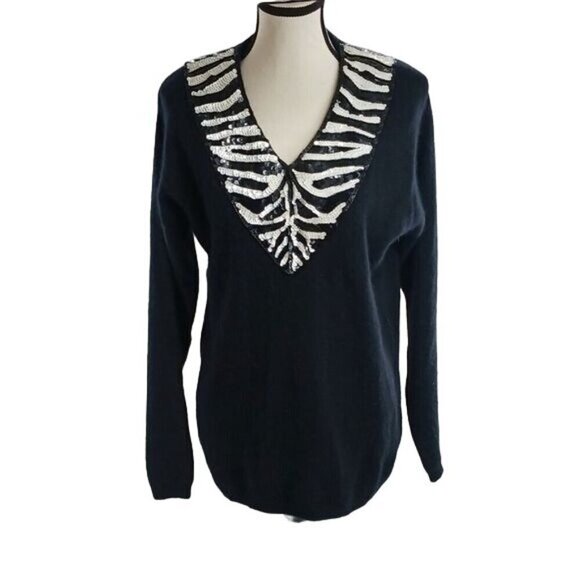 Vintage 90s Sweater Black Angora Wool Zebra Sequins Winter Womens Size M - Picture 1 of 5